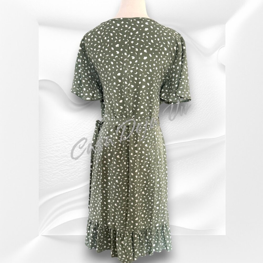 Ready for Spring Light Airy V Neck Wrap Midi Patterned Sage Ruffle Drop Dress - Picture 9 of 13